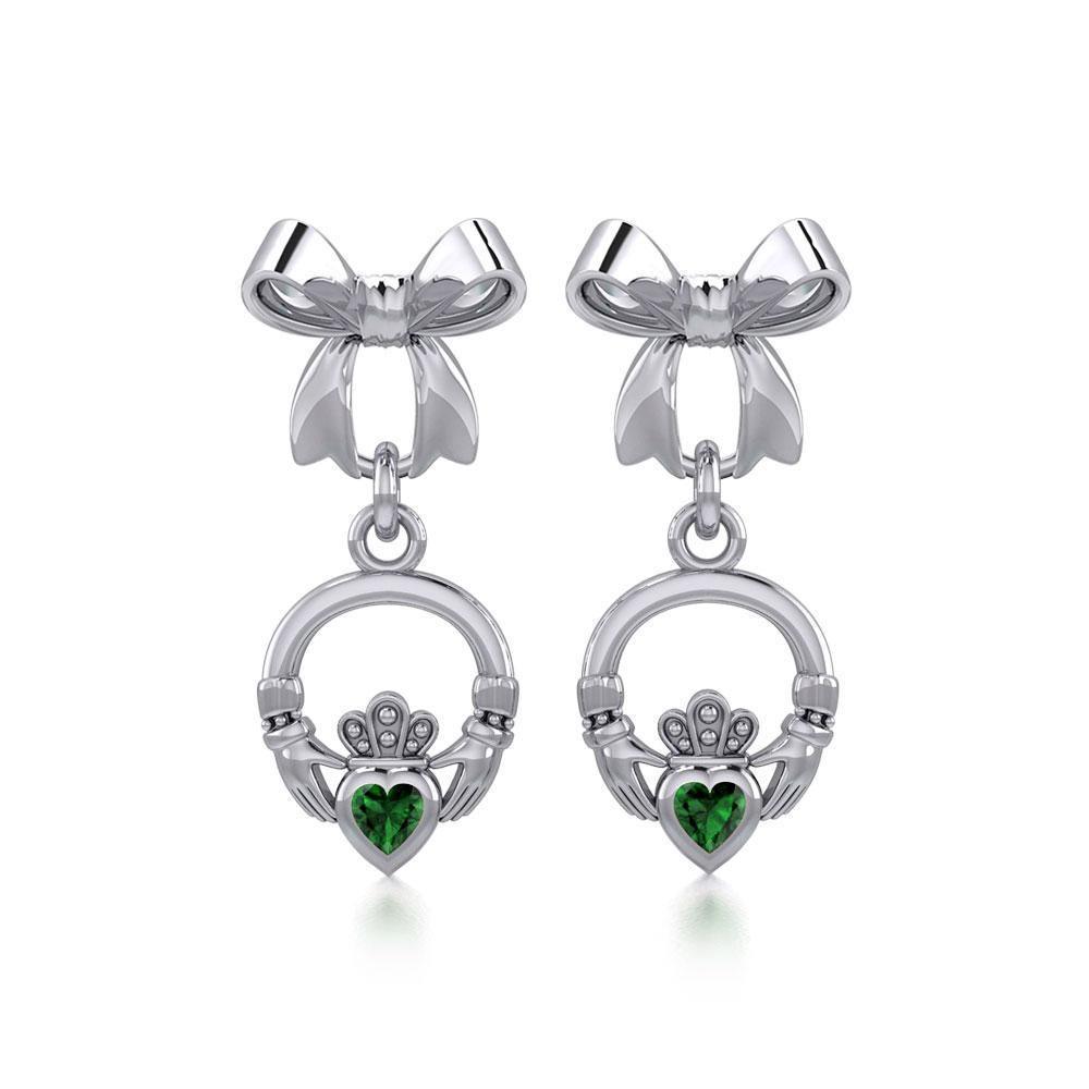 Ribbon with Dangling Gemstone Claddagh Silver Post Earrings TER1861