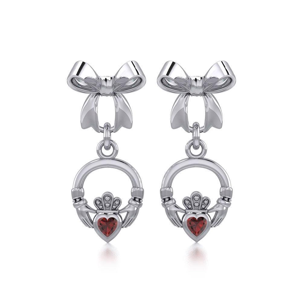 Ribbon with Dangling Gemstone Claddagh Silver Post Earrings TER1861