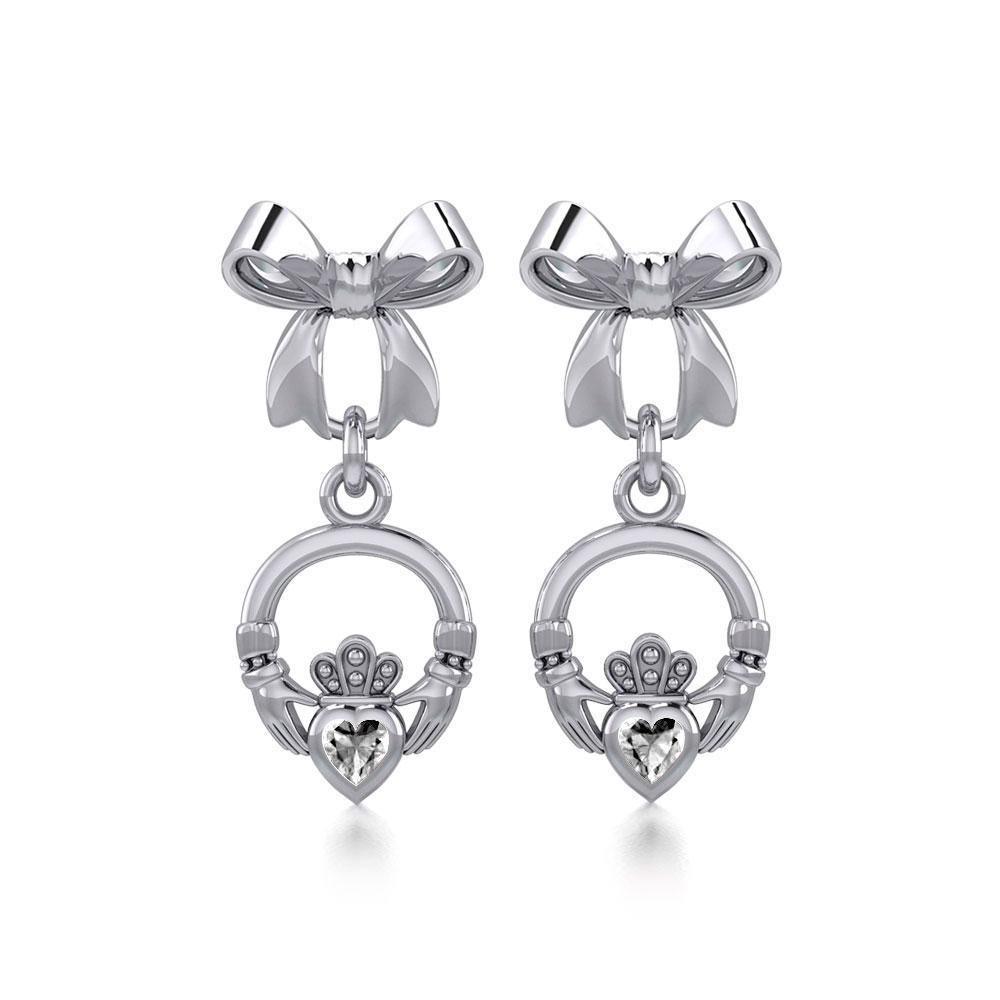 Ribbon with Dangling Gemstone Claddagh Silver Post Earrings TER1861