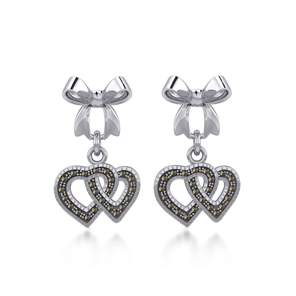Ribbon with Dangling Marcasite Double Heart Silver Post Earrings TER1862