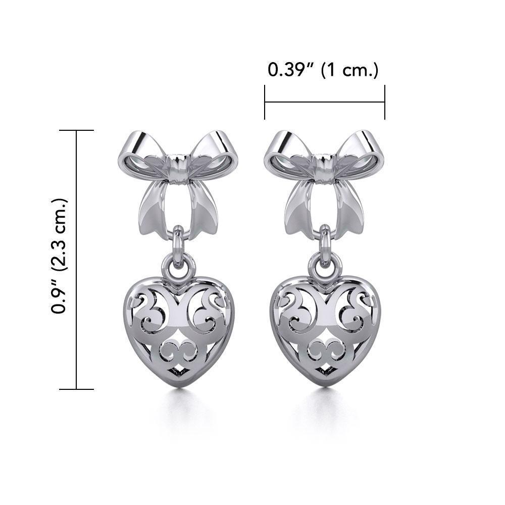 Ribbon with Dangling Filigree Heart Silver Post Earrings TER1863