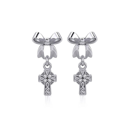 Ribbon with Dangling Celtic Cross Silver Post Earrings TER1864