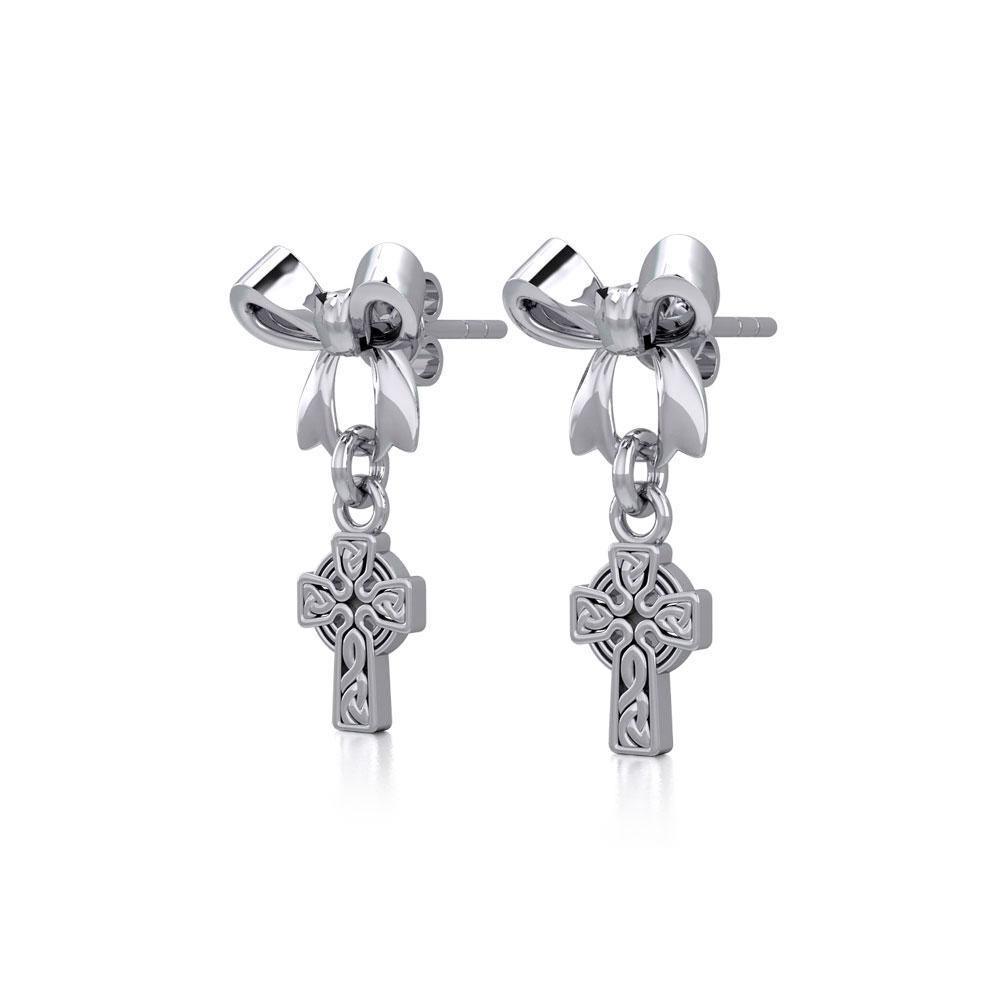 Ribbon with Dangling Celtic Cross Silver Post Earrings TER1864