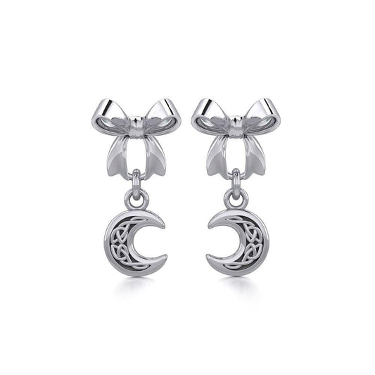 Ribbon with Dangling Celtic Crescent Moon Silver Post Earrings TER1865