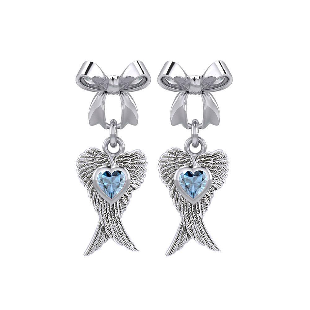 Ribbon with Dangling Double Angel Gemstone Wings Silver Post Earrings TER1866