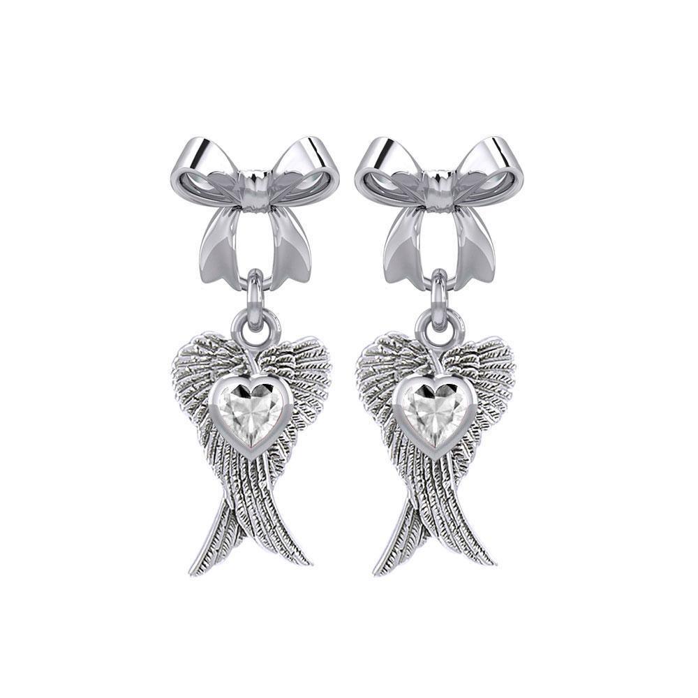 Ribbon with Dangling Double Angel Gemstone Wings Silver Post Earrings TER1866