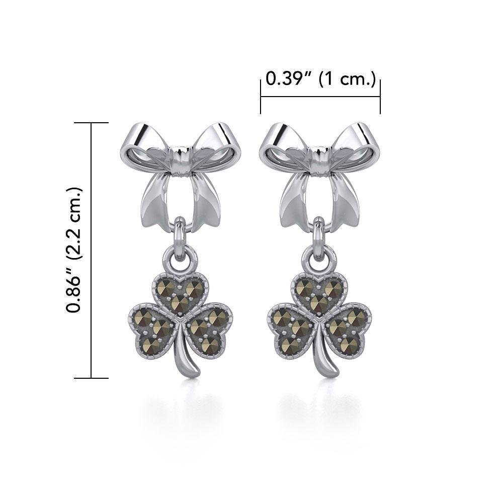 Ribbon with Dangling Marcasite Lucky Four Leaf Clover Silver Post Earrings TER1867