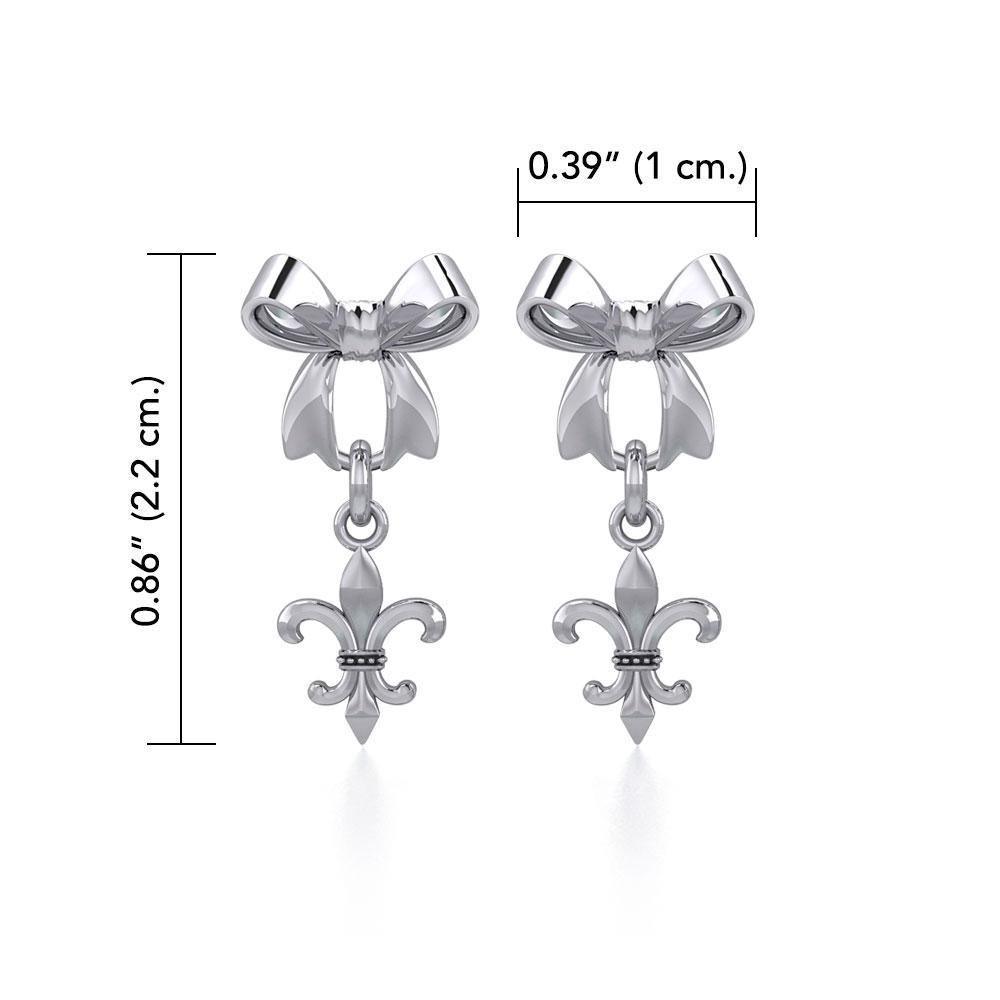 Ribbon with Dangling Fleur De Lis Silver Post Earrings TER1868