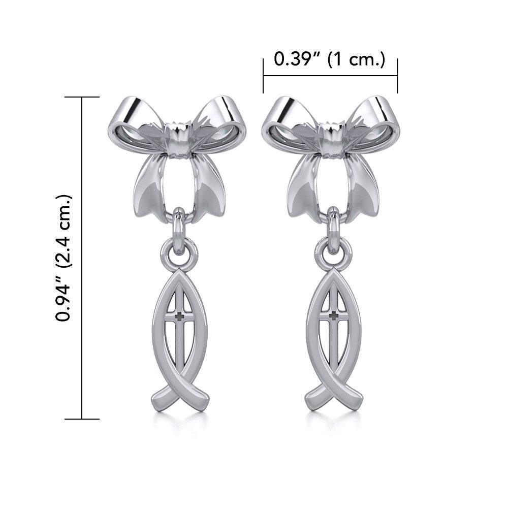 Ribbon with Dangling Christian Fish Silver Post Earrings TER1869