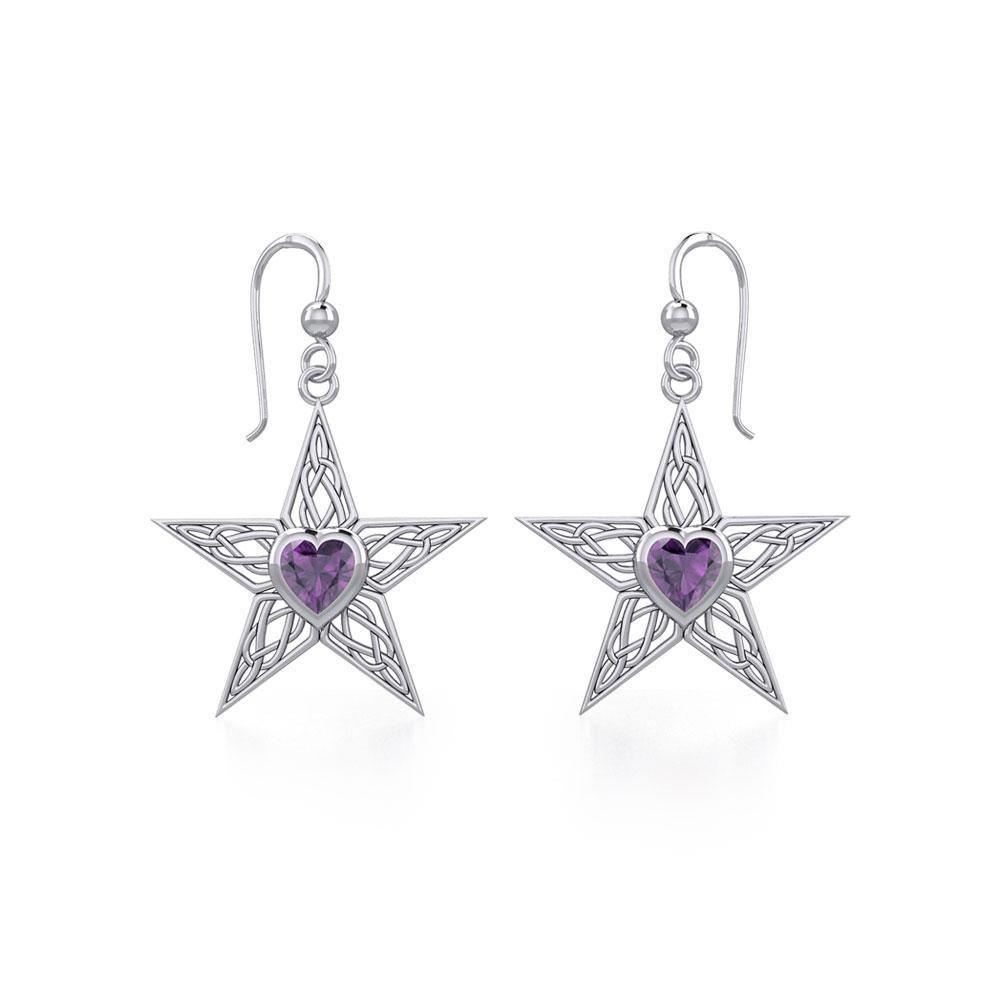 Celtic Star Silver Earrings with Heart Gemstone TER1881