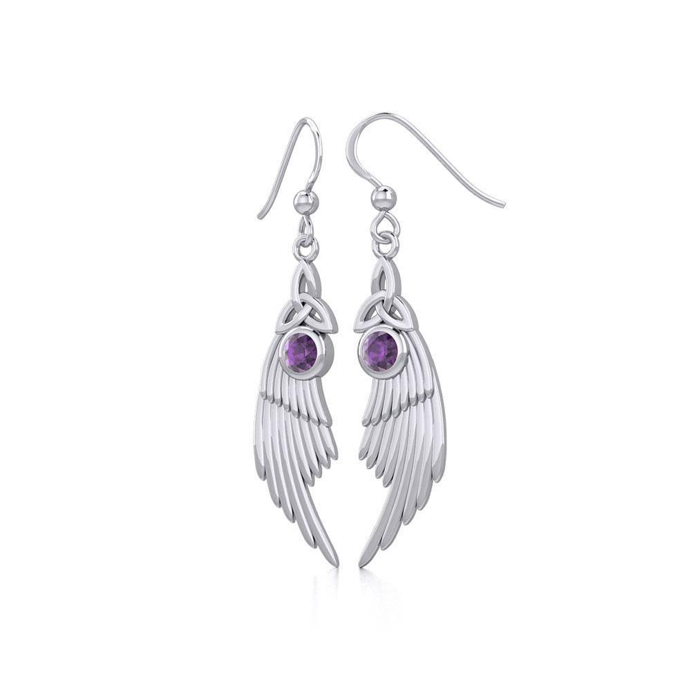 Celtic Trinity Knot Angel Wing Silver Earrings with Round Gemstone TER1926
