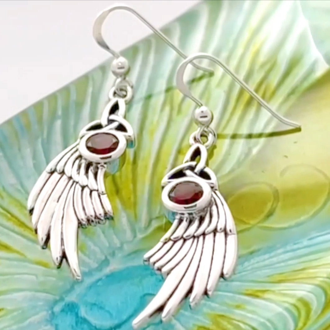Lightweight Celtic Trinity Knot Angel Wing Silver Earrings with Round Gemstone TER2256