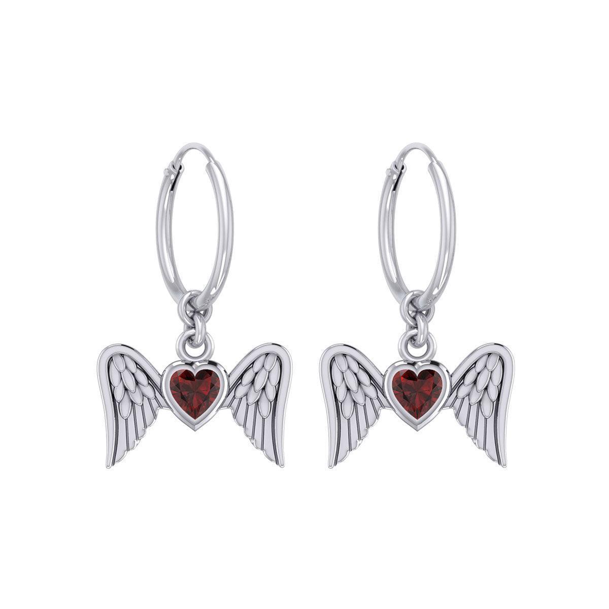 Gemstone Heart and Flying Angel Wings Silver Hoop Earrings TER2103