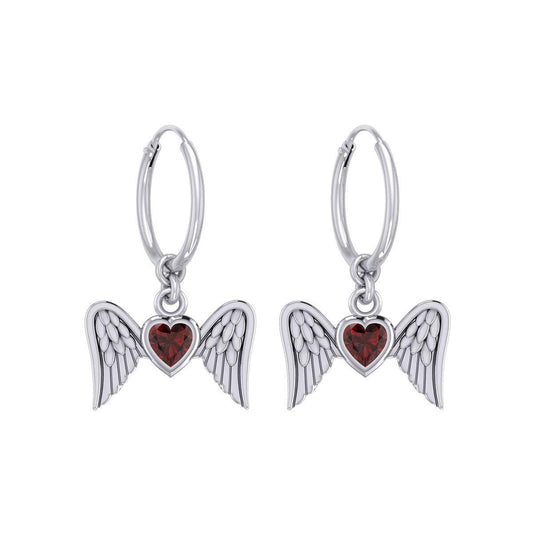 Gemstone Heart and Flying Angel Wings Silver Hoop Earrings TER2103