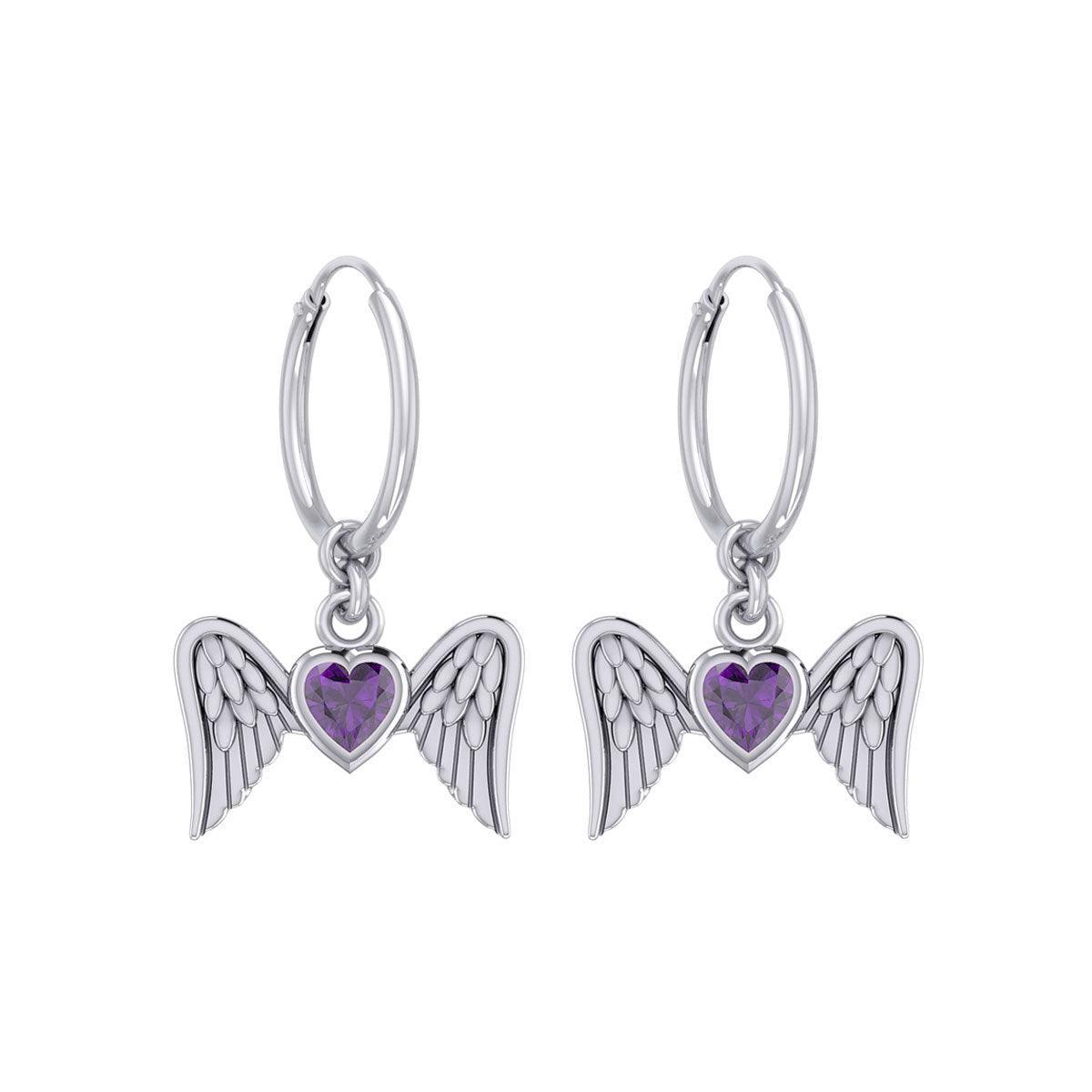 Gemstone Heart and Flying Angel Wings Silver Hoop Earrings TER2103