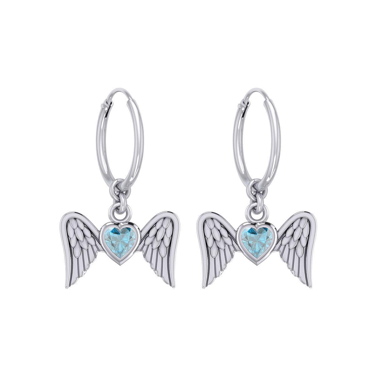 Gemstone Heart and Flying Angel Wings Silver Hoop Earrings TER2103