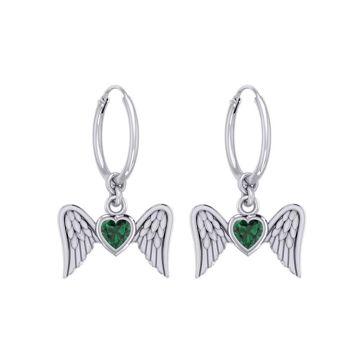 Gemstone Heart and Flying Angel Wings Silver Hoop Earrings TER2103