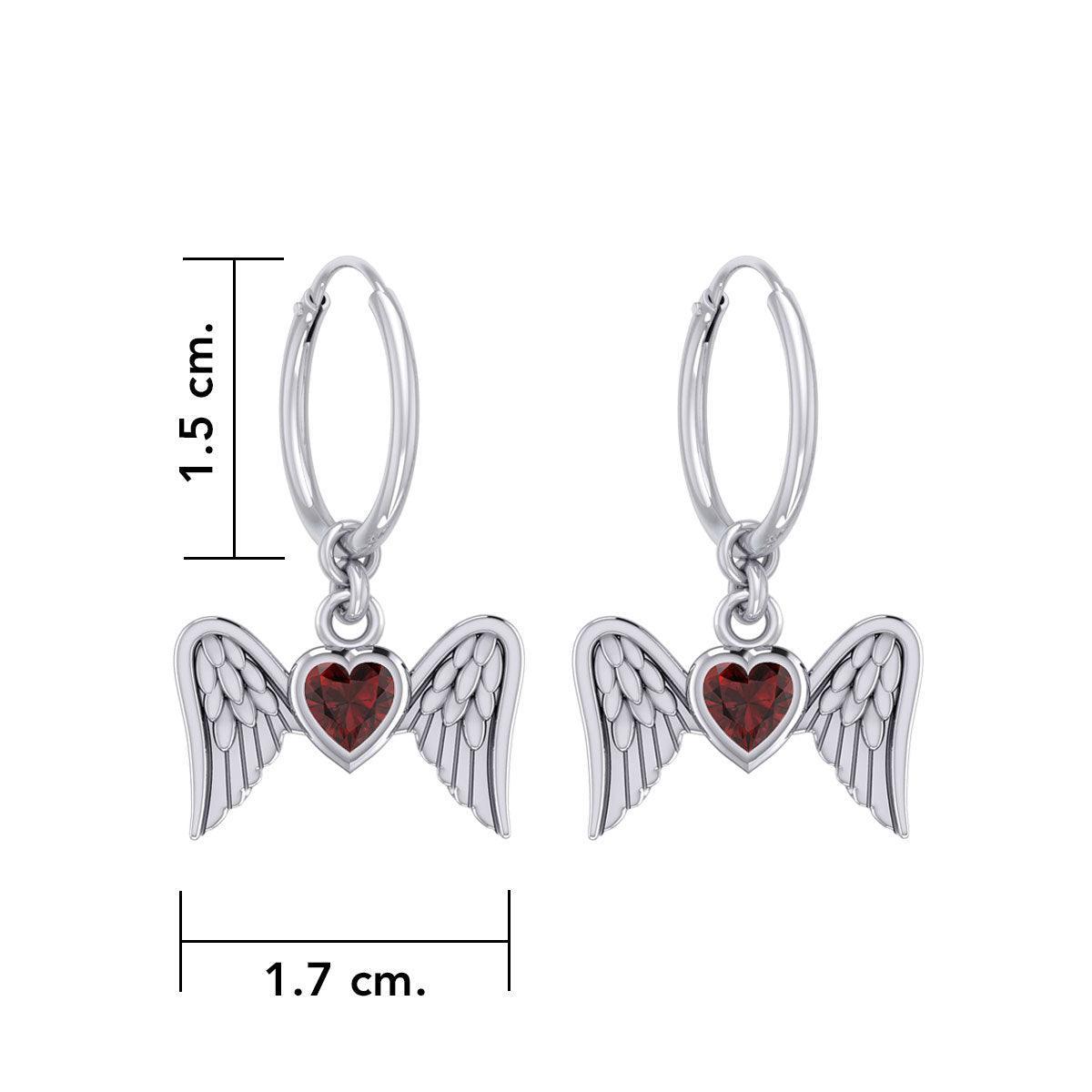 Gemstone Heart and Flying Angel Wings Silver Hoop Earrings TER2103