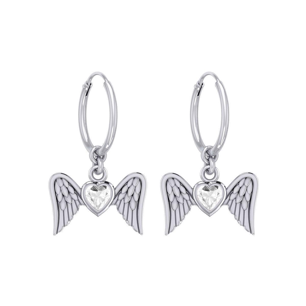 Gemstone Heart and Flying Angel Wings Silver Hoop Earrings TER2103