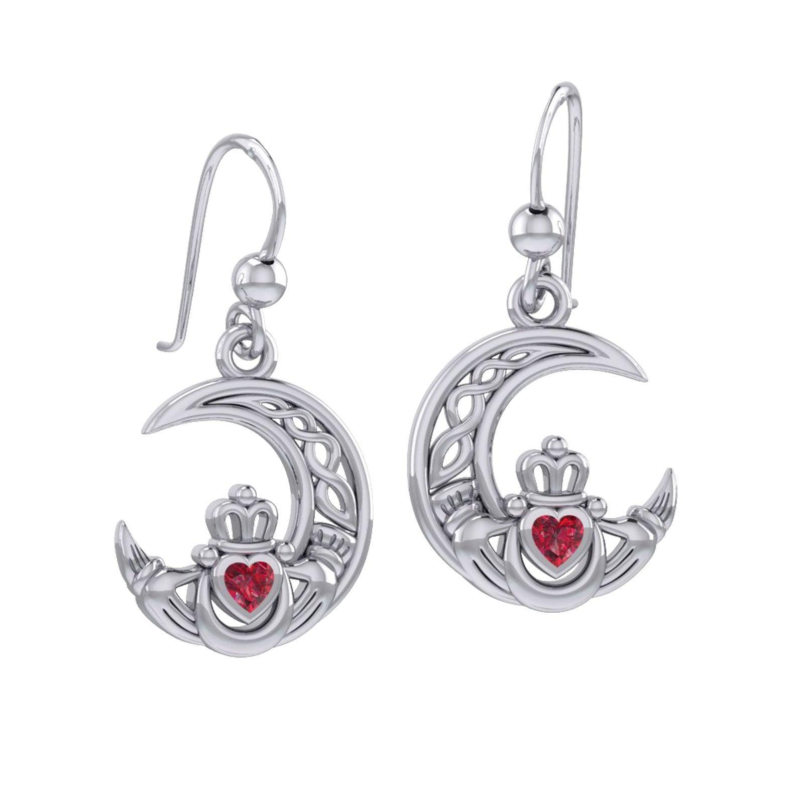 Claddagh on Celtic Moon Silver Earrings with Heart Gemstone TER2173