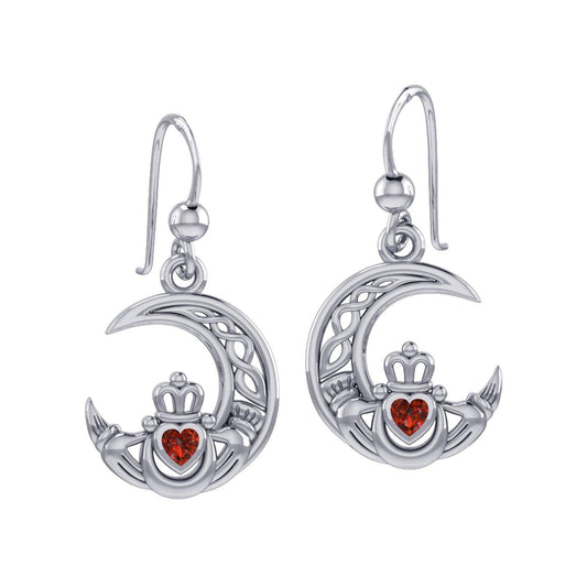 Claddagh on Celtic Moon Silver Earrings with Heart Gemstone TER2173