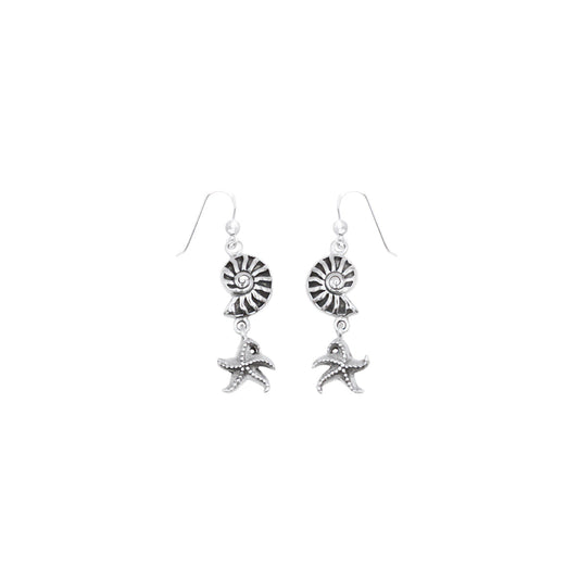 Nautilus Shell and Starfish Sterling Silver Hook Earrings TER2237