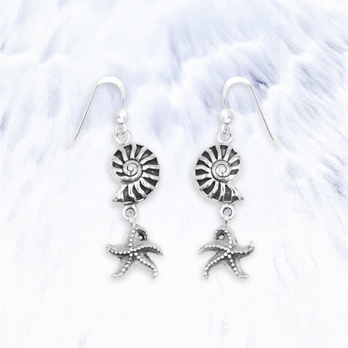 Nautilus Shell and Starfish Sterling Silver Hook Earrings TER2237