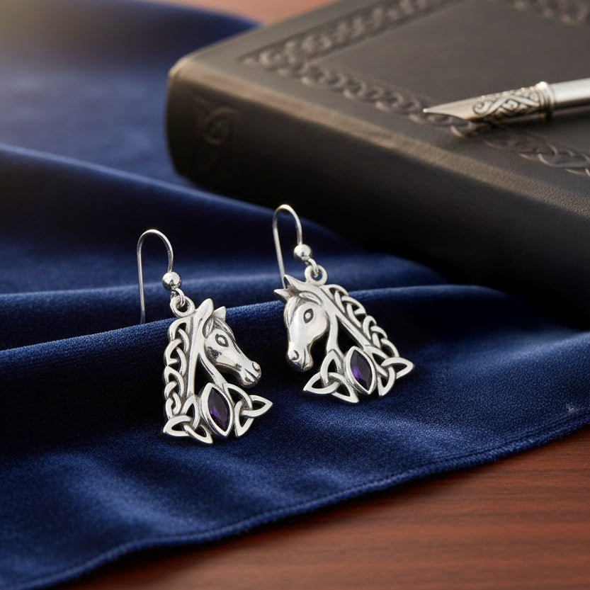 Celtic Horse with Marquise Gemstone Sterling Silver Earrings TER2245*