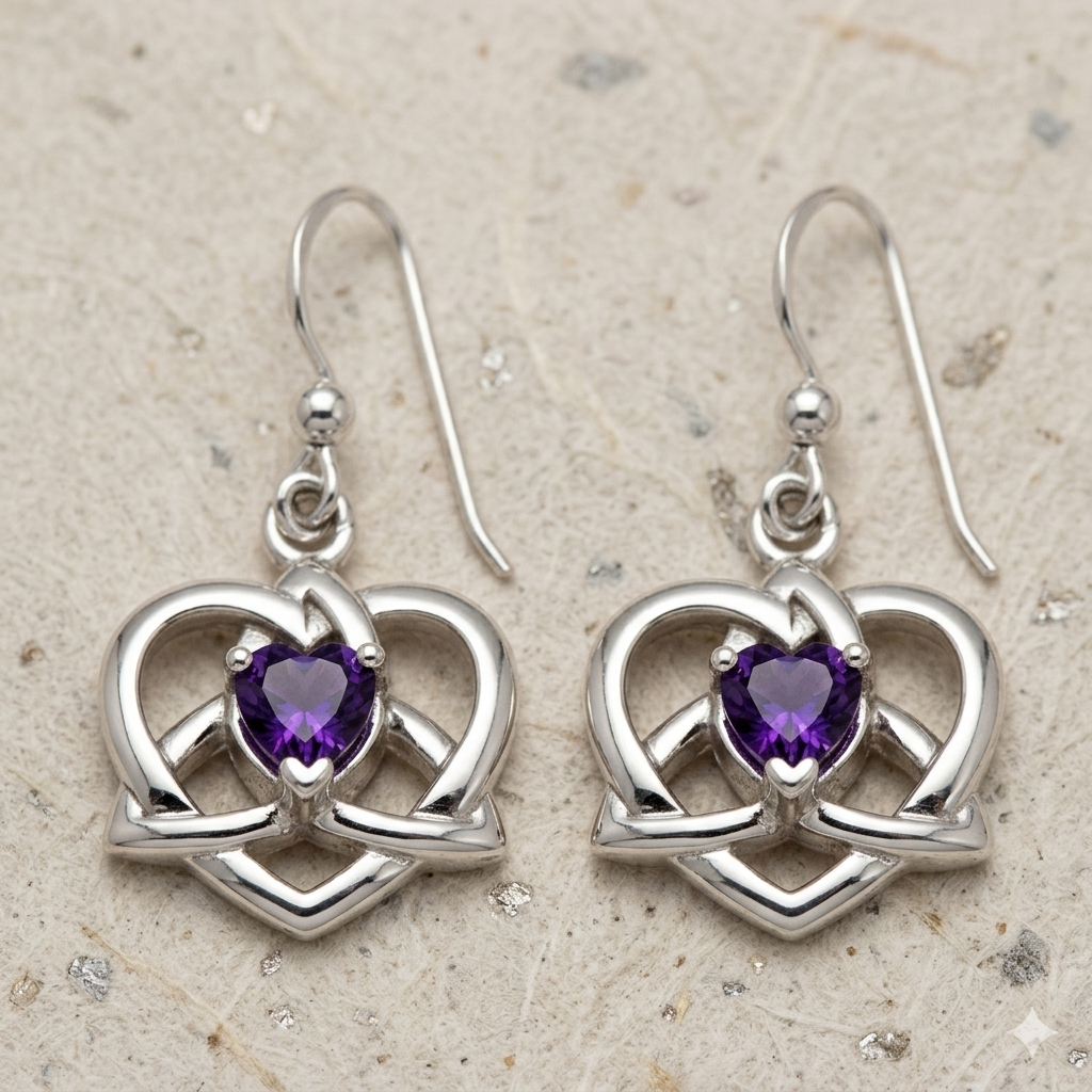 Lightweight Celtic Trinity Heart Silver Earrings with Heart Gemstone TER2249
