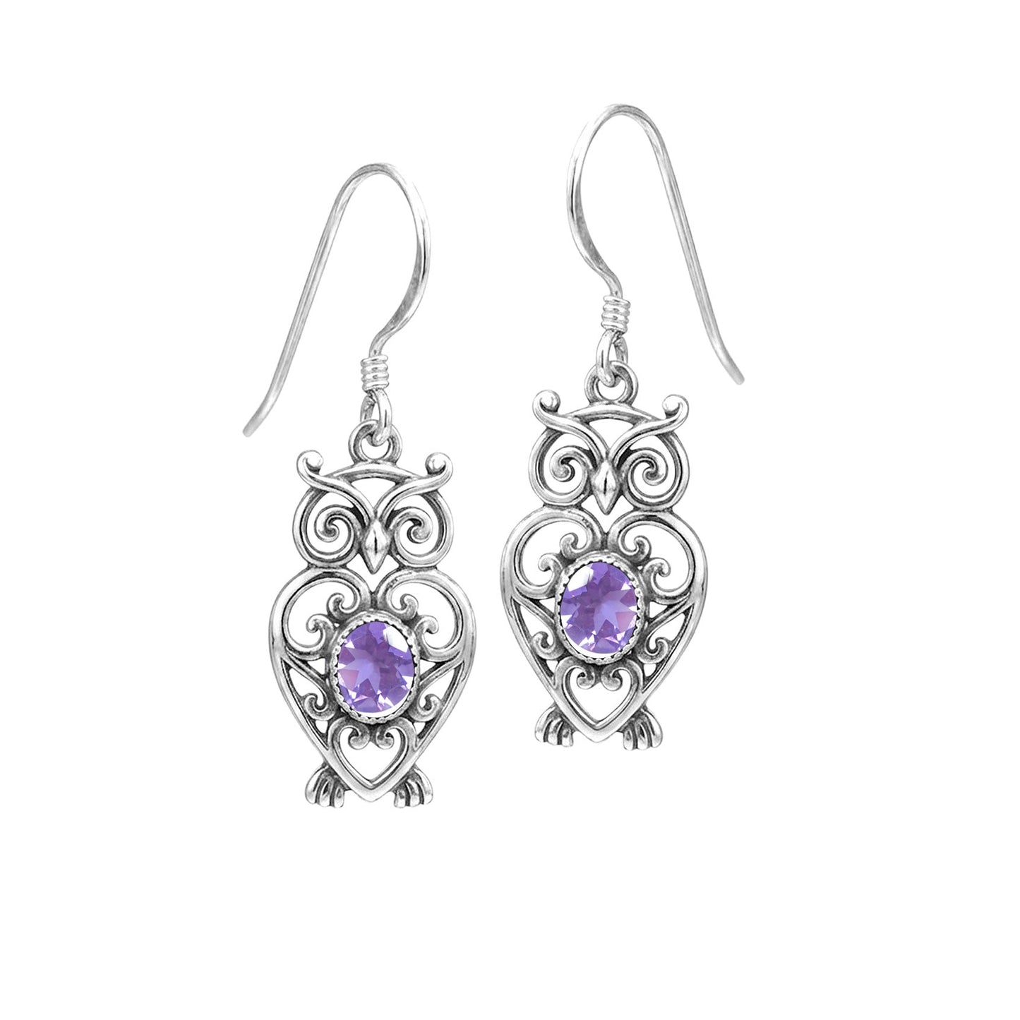 Filigree Owl  Sterling Silver Earrings with Gemstone TER2250