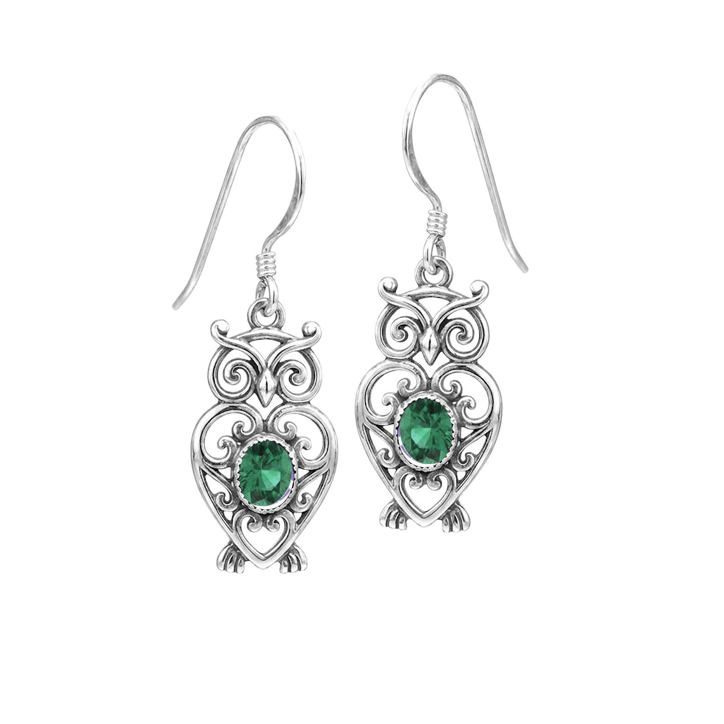 Filigree Owl  Sterling Silver Earrings with Gemstone TER2250
