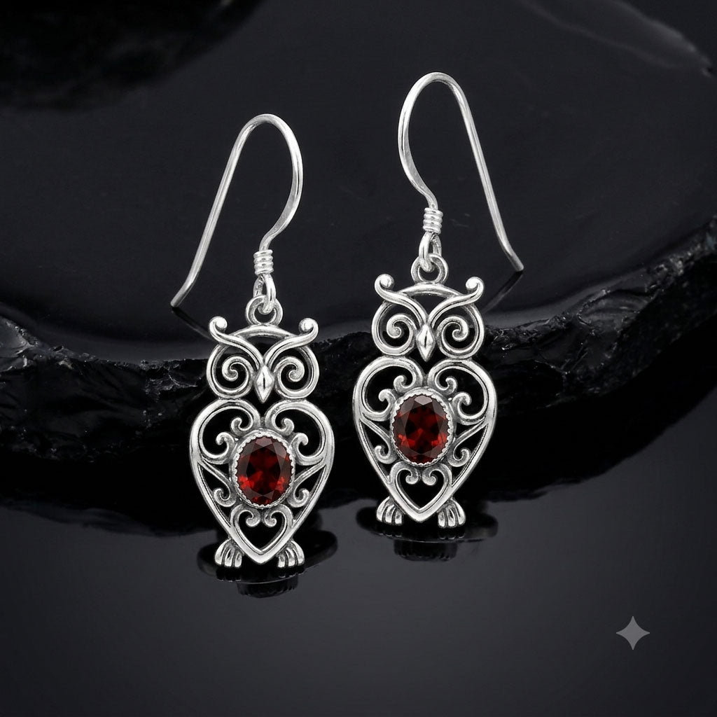 Filigree Owl  Sterling Silver Earrings with Gemstone TER2250
