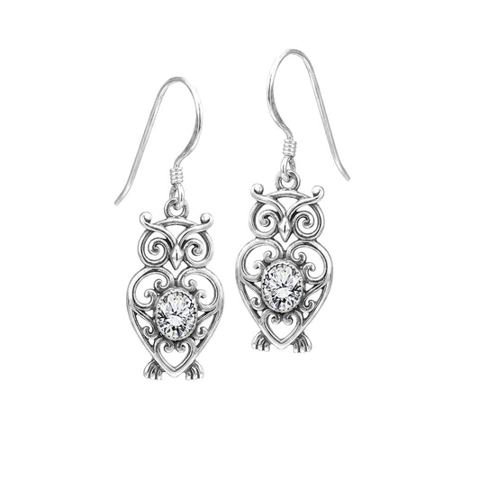 Filigree Owl  Sterling Silver Earrings with Gemstone TER2250