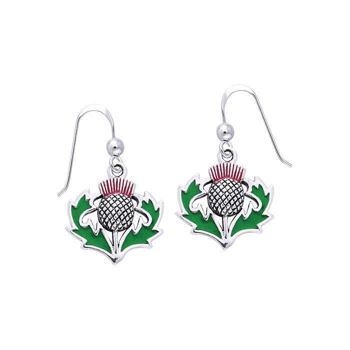 Celtic Alba Thistle ~ Sterling Silver Hook Earrings Jewelry with Green and Purple Enamel TER486