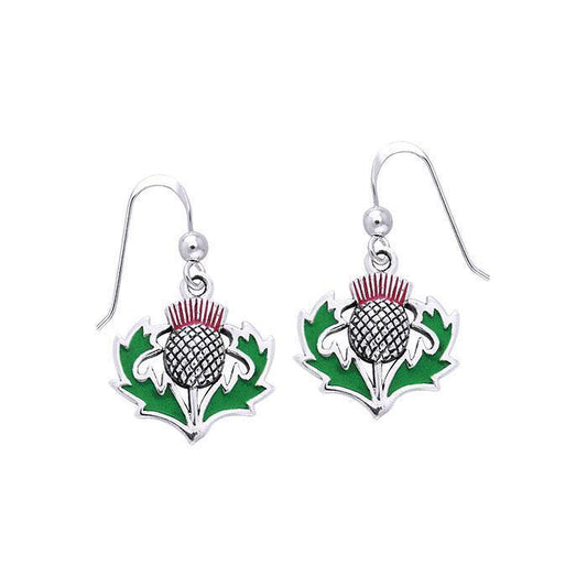 Celtic Alba Thistle ~ Sterling Silver Hook Earrings Jewelry with Green and Purple Enamel TER486