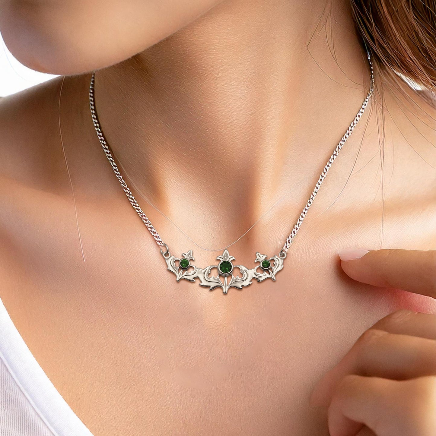 Even flourishing from within ~ Sterling Silver Jewelry Scottish Thistle Necklace with Shimmering Gemstone TN118