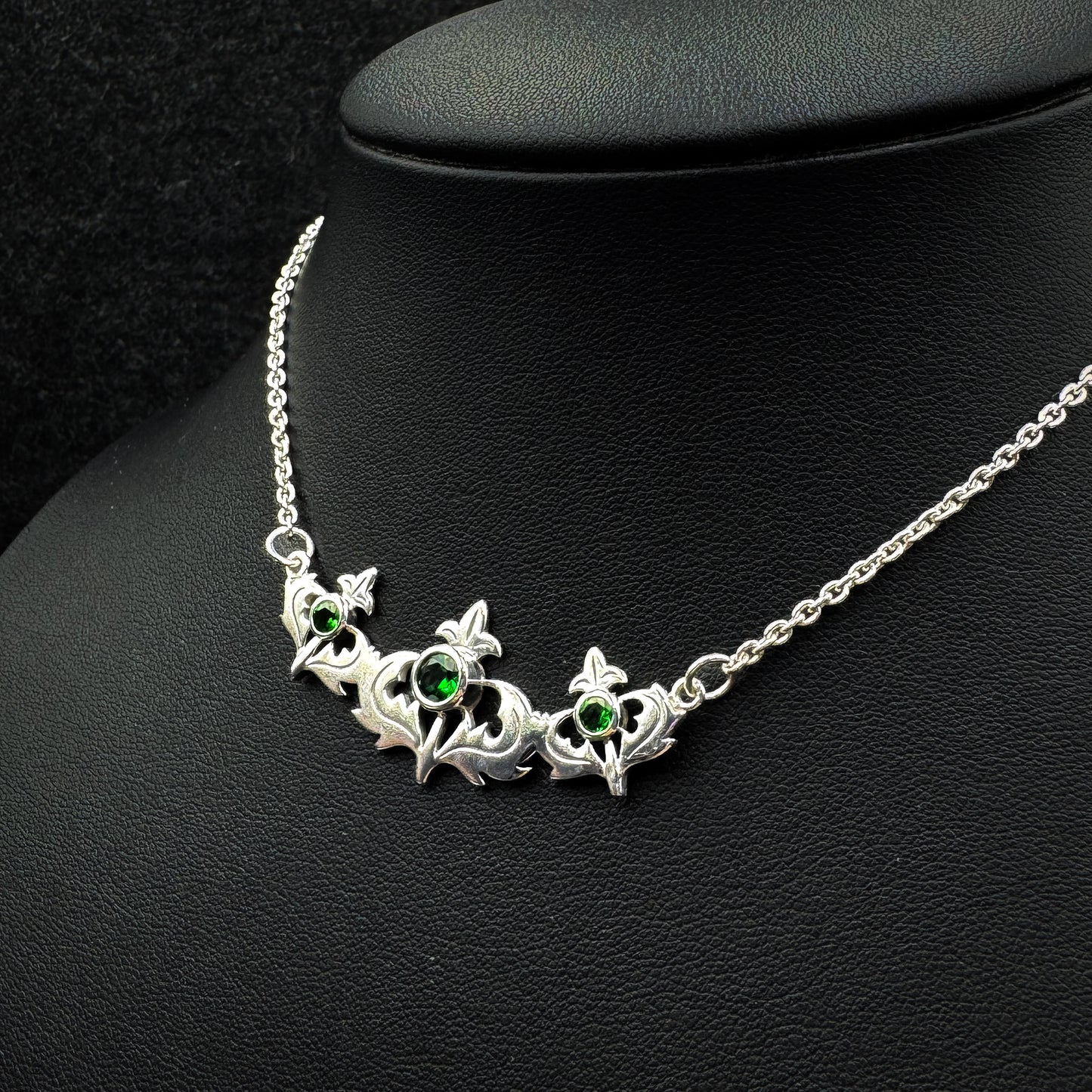 Even flourishing from within ~ Sterling Silver Jewelry Scottish Thistle Necklace with Shimmering Gemstone TN118