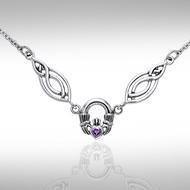 A traditional token loyalty, friendship, and romantic love ~ Celtic Knotwork Claddagh Sterling Silver Necklace Jewelry with Gemstone TNC082