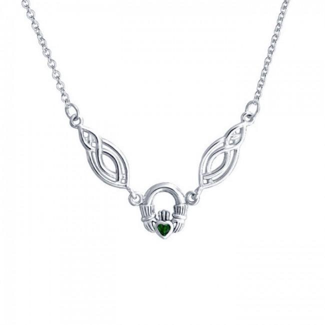 A traditional token loyalty, friendship, and romantic love ~ Celtic Knotwork Claddagh Sterling Silver Necklace Jewelry with Gemstone TNC082