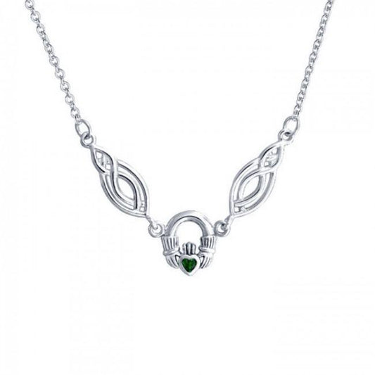 A traditional token loyalty, friendship, and romantic love ~ Celtic Knotwork Claddagh Sterling Silver Necklace Jewelry with Gemstone TNC082