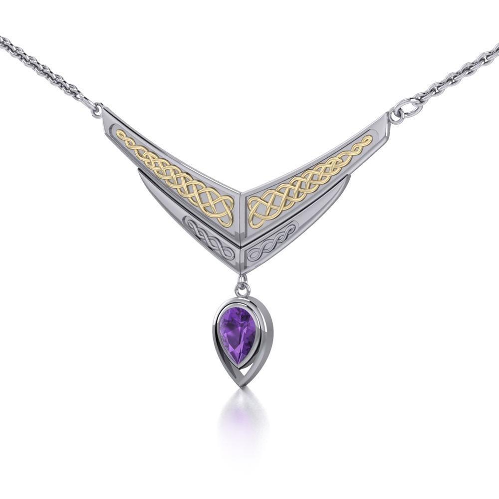 Celebrate life in eternity ~ Celtic Knotwork Sterling Silver Necklace Jewelry with Gold accent and Gemstone TNV214