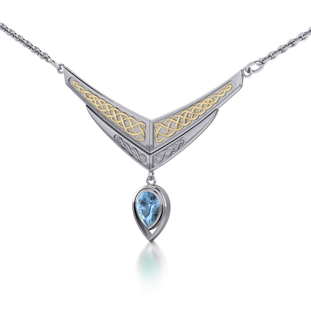 Celebrate life in eternity ~ Celtic Knotwork Sterling Silver Necklace Jewelry with Gold accent and Gemstone TNV214