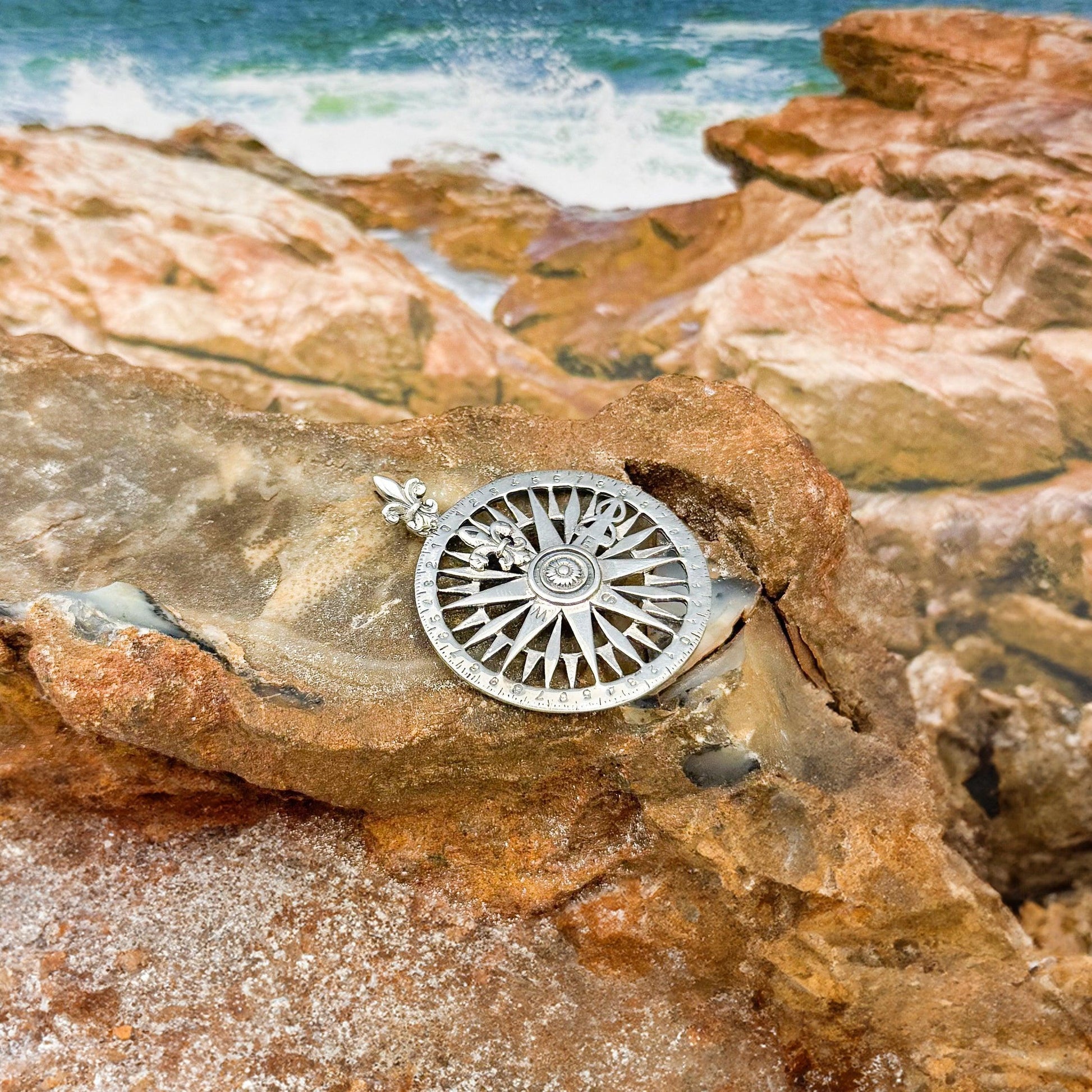 Fleur de Lis Sterling Silver Rose Compass Pendant TP1118 - Wholesale Jewelry