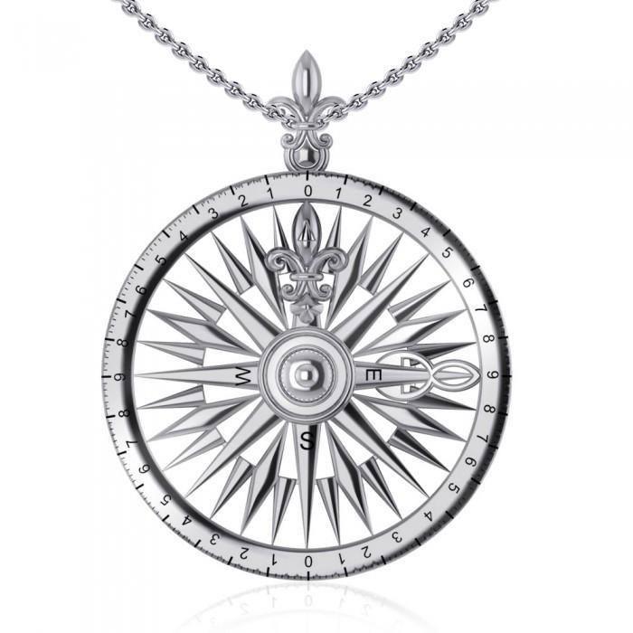 Fleur de Lis Sterling Silver Rose Compass Pendant TP1118