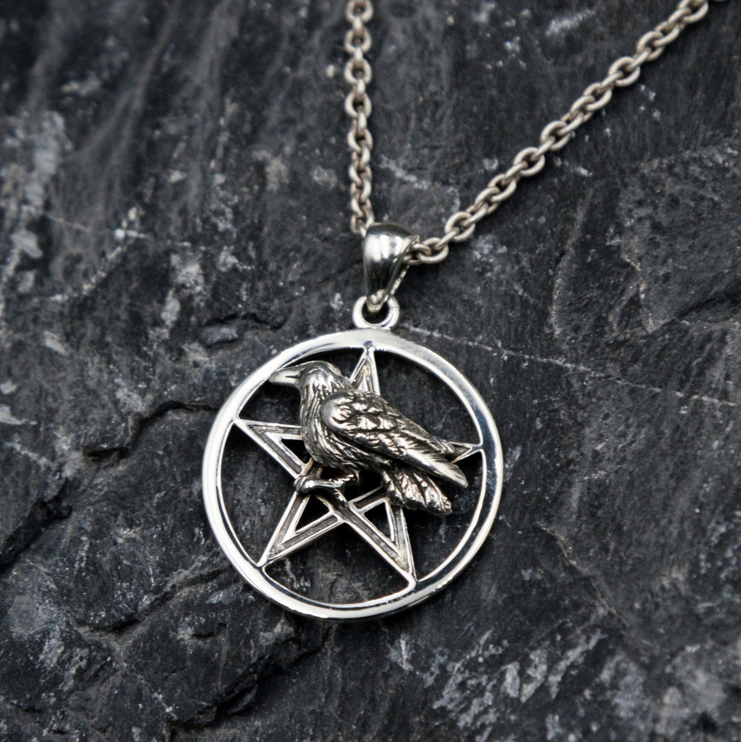 Lightweight Raven on Pentacle Sterling Silver Pendant TPD6517
