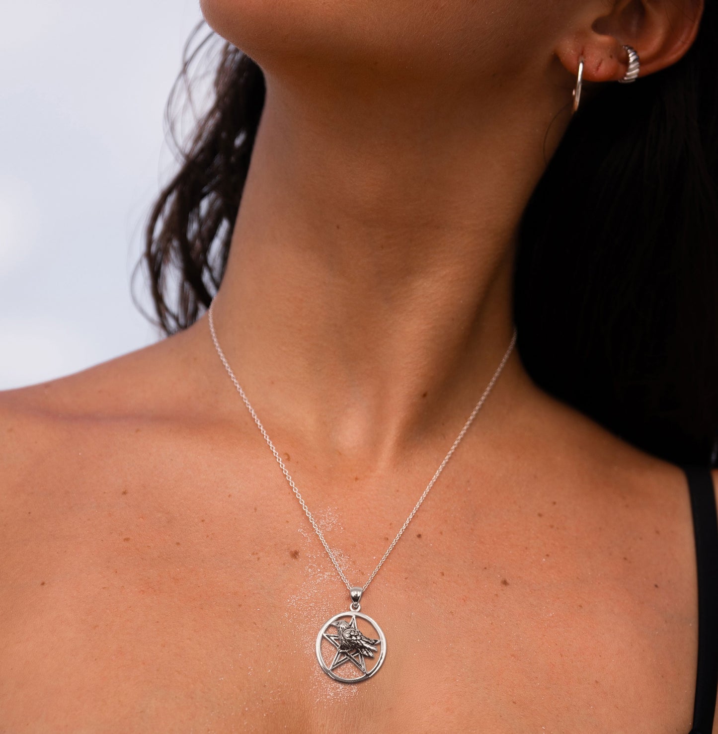 Lightweight Raven on Pentacle Sterling Silver Pendant TPD6517