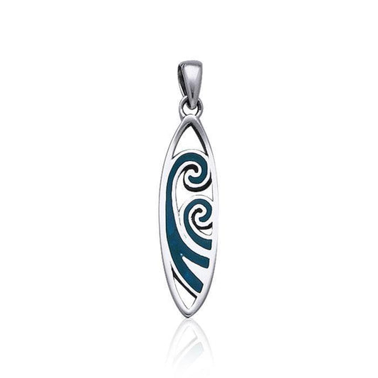 Surfboard with Inlaid Waves ~ Sterling Silver Pendant TP2946