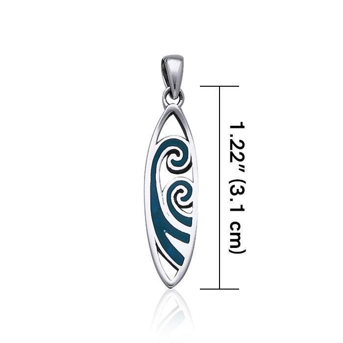 Surfboard with Inlaid Waves ~ Sterling Silver Pendant TP2946