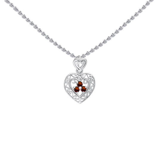 Filigree Heart Sterling Silver Pendant with Gemstone TP315