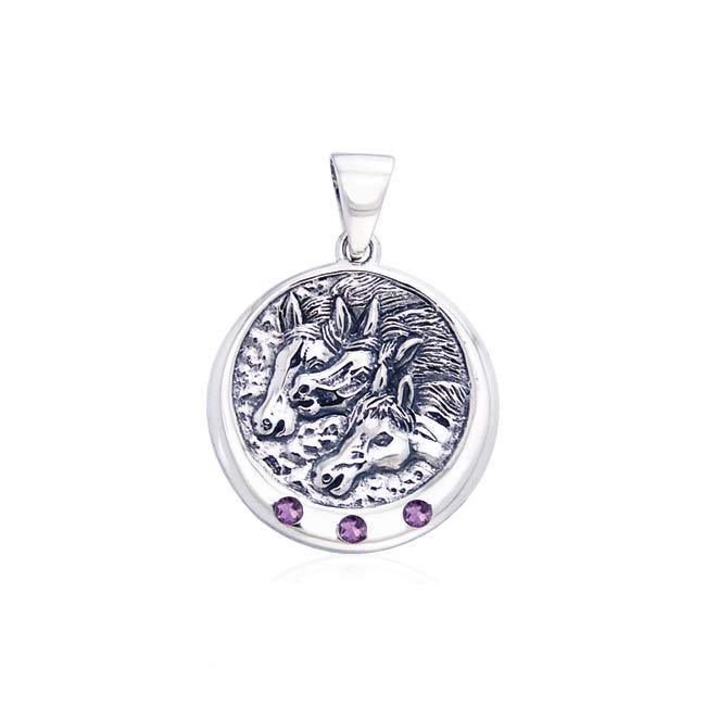 Triple Horse with Gemstone Silver Pendant TP3212